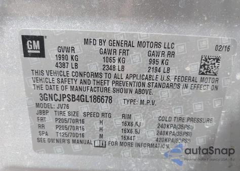 2016 Chevrolet Trax Lt from USA, damaged, VIN 3GNCJPSB4GL186678